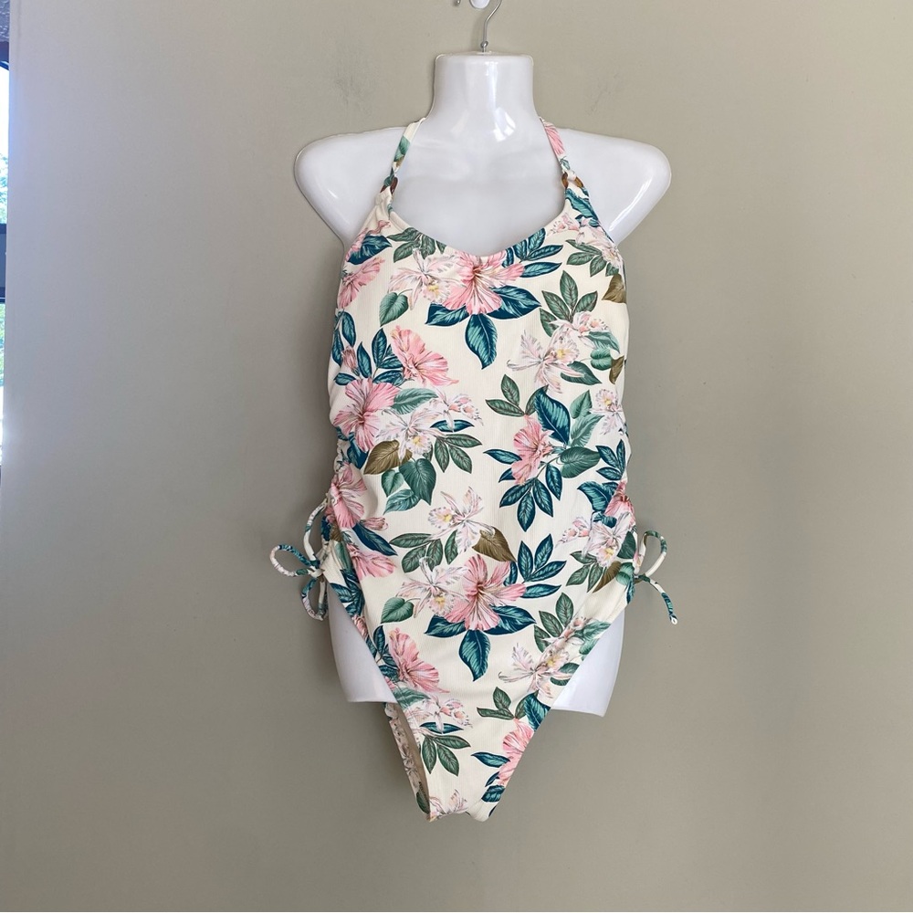 Palisades Beach Club side ruched One Piece Ivory Hibiscus Swimsuit size L